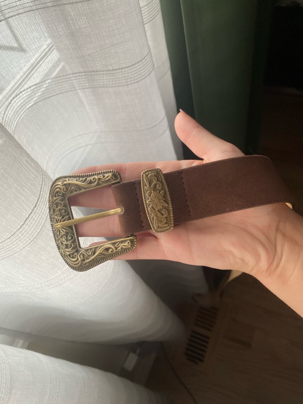 Brown Suede Western Buckle Belt with Ornate Brass Hardware